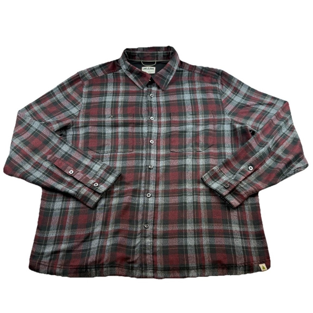 Lake & Trail Flannel Shirt Mens XXL Gray Burgundy Plaid Button Up